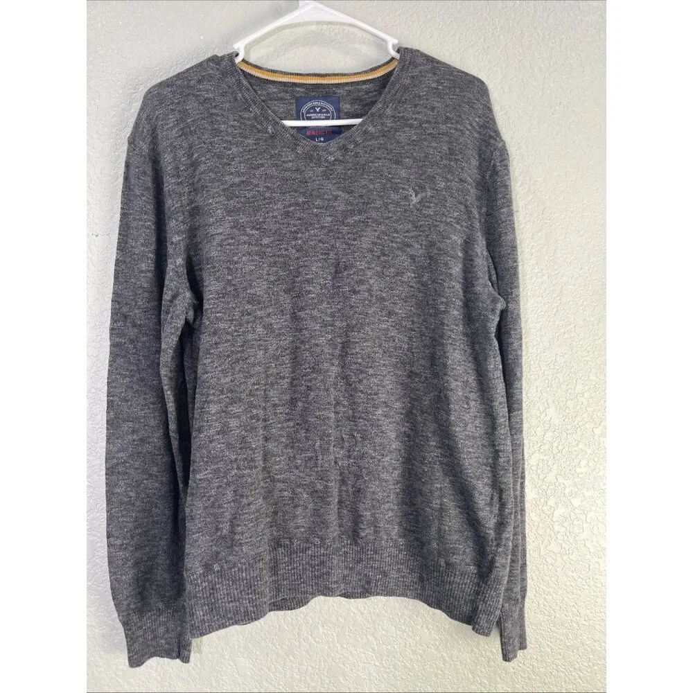American Eagle Sweater Mens L Gray V-Neck Athletic Fit Cotton Logo Knit Pullover